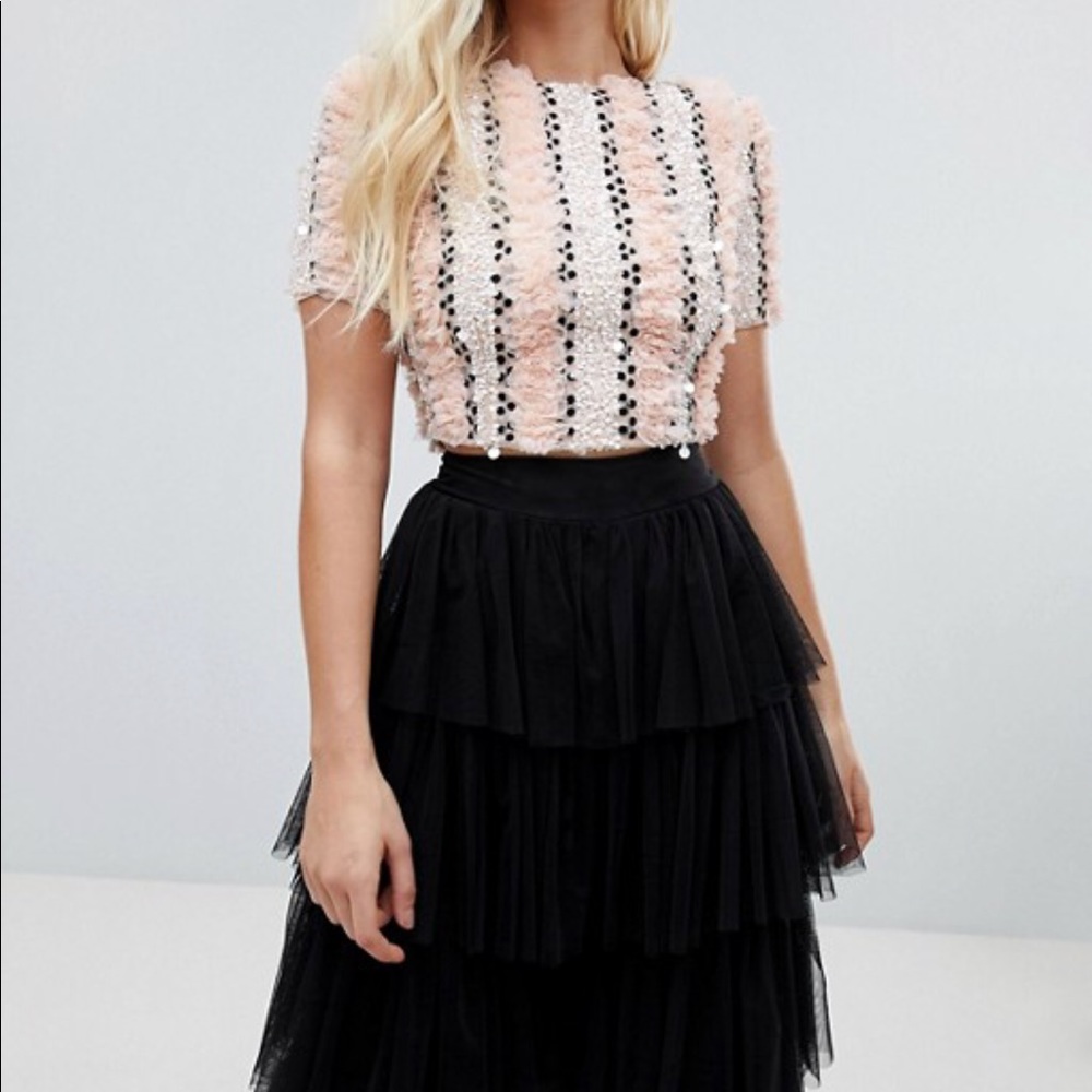 LACE & BEADS RUFFLE EMBELLISHED CROP TOP NWT